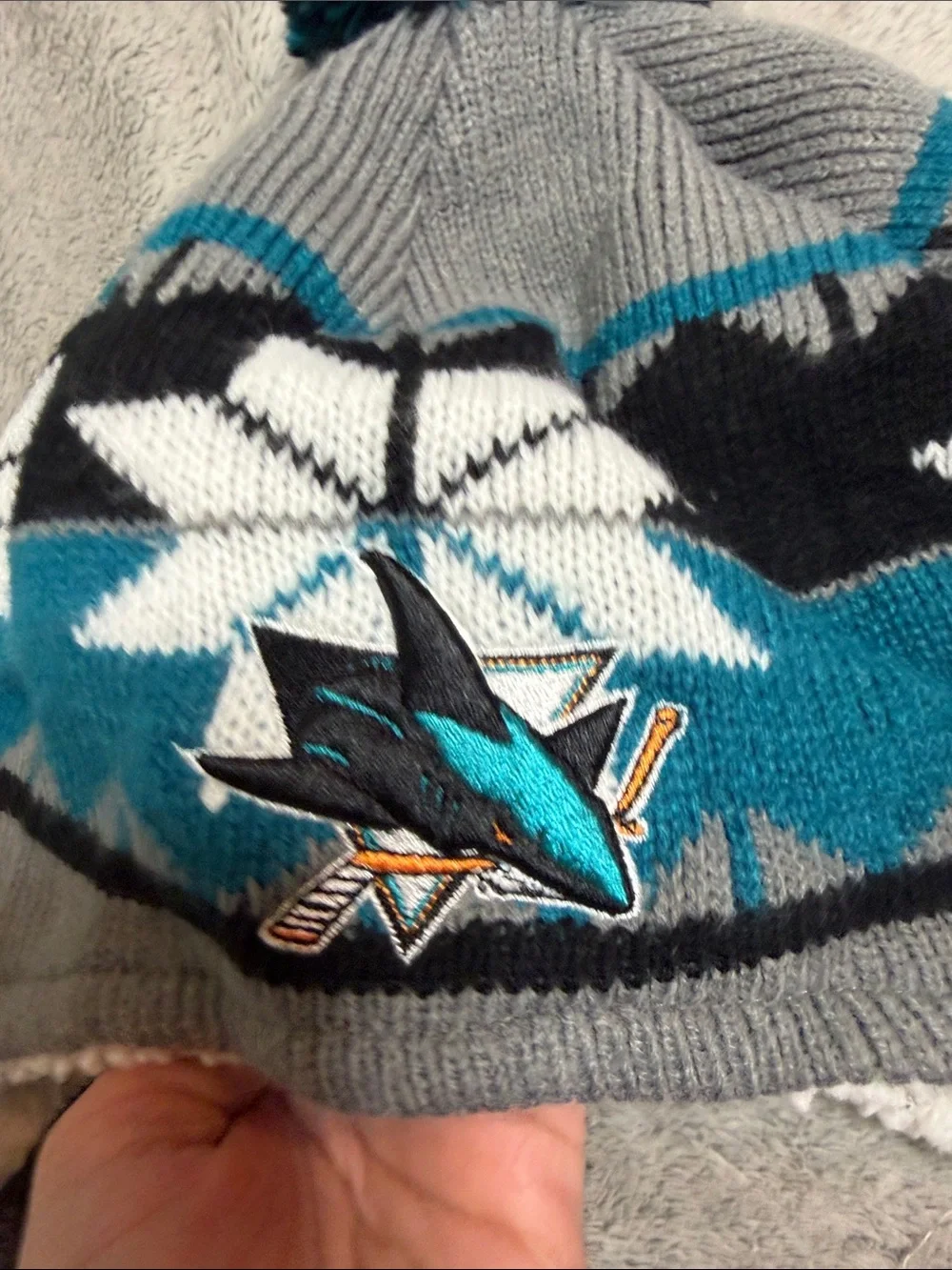 Kids Gray & Teal Fleece-Lined Earflap Pom Hat
